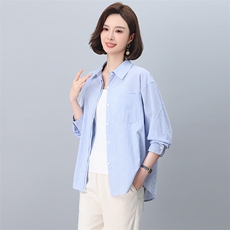 纯棉条纹衬衫女长袖2025年春季新款衬衣减龄洋气小衫中年妈妈上衣，女装衬衫，忆绮罗