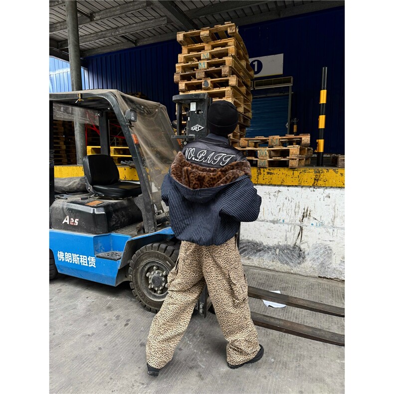 美式街潮条纹座山雕豹纹棉服外套秋冬慵懒宽松百搭时髦设计感夹克,男装夹克,星座506A