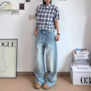 2026美式高街复古水洗做旧拼接设计感牛仔裤男女宽松直筒阔腿长裤图片