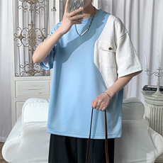 夏季新款拼接拼色宽松大码潮牌圆领纯棉短袖T恤五分袖68元，男装T恤，电商A011（原4039）