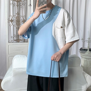 夏季新款拼接拼色宽松大码潮牌圆领纯棉短袖T恤五分袖68元图片