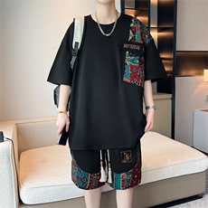 美式夏季薄款宽松百搭潮流拼色绣花大码两件套XZ102B-1TZ259P55，男装休闲套装，星座102B-1