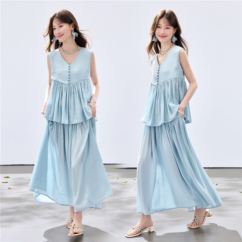 夏季新款现货！2026休闲风宽松版v领单排扣显瘦大裙摆两件套装女,女装套装/套裙,央宝儿