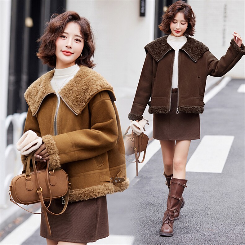 韩系仿羊羔毛皮毛一体外套女短款2024冬新款羊剪绒皮草麂皮绒机车服,女装短外套,悠米