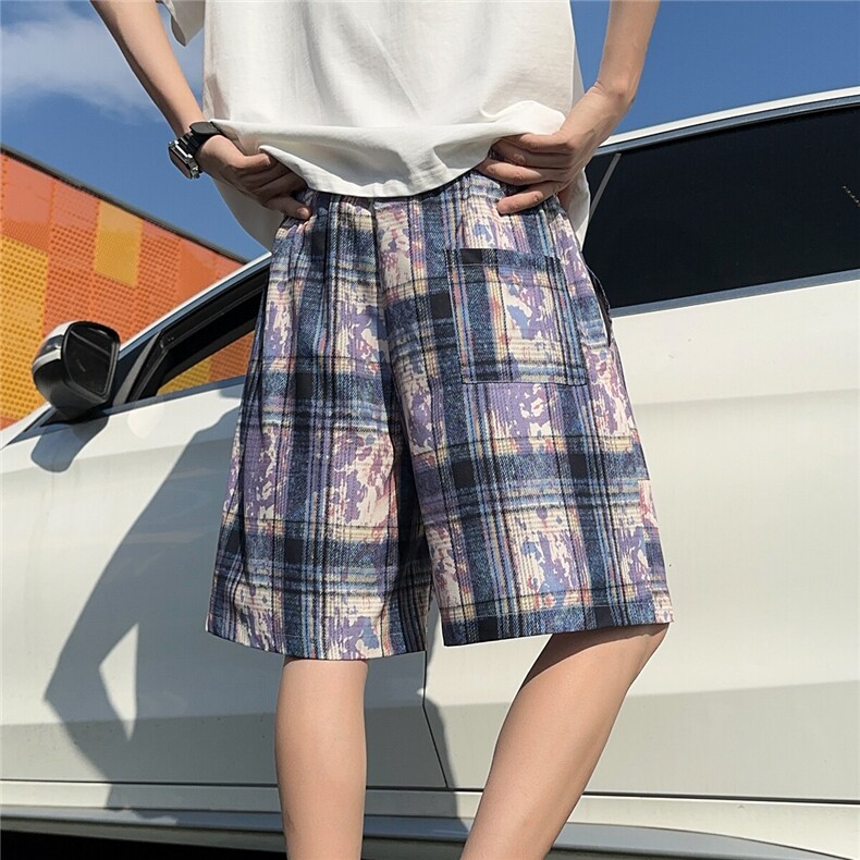 2025美式扎染印花冰丝凉感格子薄款潮五分短裤K8909/特P20车景K,男装牛仔裤,电商A094