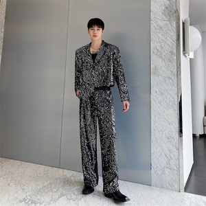 2024年春季亮片拼接宽松阔腿裤长裤男潮青春流行西服套装图片