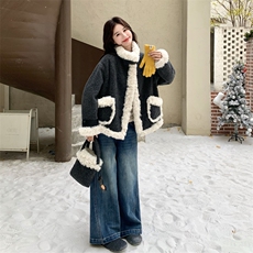 新款时尚羊羔毛拼接尼料加厚外套（含包包），女装毛呢外套，2C120