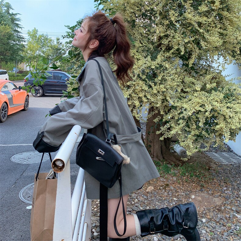2D044现货!26春装新款款式韩版宽松风衣外套拼皮外套女,女装风衣,衣珂纱朗