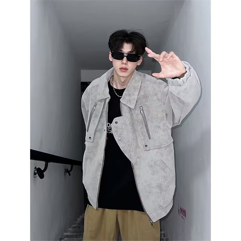 潮牌春秋季新款美式复古皮夹克男士宽松情侣oversize外套,男装夹克,四季星座505