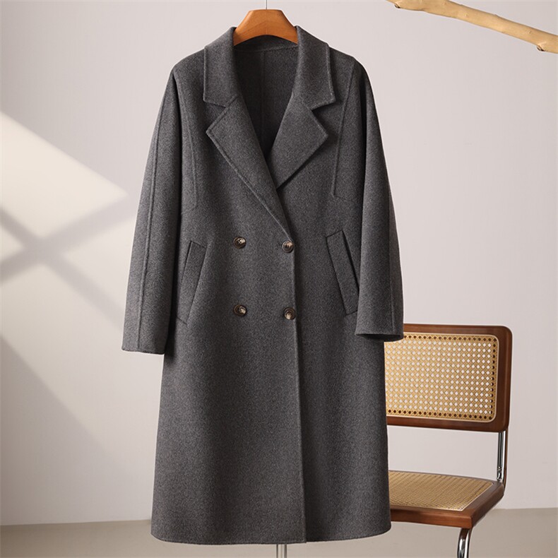 秋冬季10%羊绒90%羊毛休闲时尚百搭通勤斜插兜经典V领中长款大衣，女装双面呢大衣，水之秀羊绒大衣