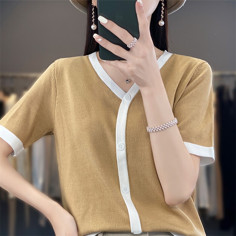 小香风V领针织短袖女春季薄款假开衫冰丝t恤2025新款宽松拼色半袖,针织衫/毛衣,思牵羊绒