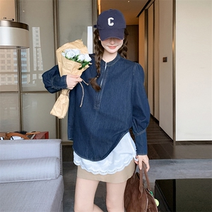 蓝色长袖牛仔衬衫女2025春秋新款复古设计感小个子休闲百搭短上衣图片