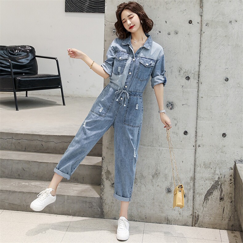 牛仔连体裤女2022夏季新款女装高腰显瘦百搭帅气工装休闲连衣裤潮,女装休闲裤,慧尚依恋