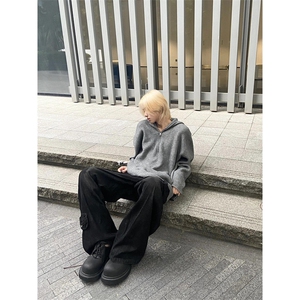 半拉链连帽毛衣男冬季韩版慵懒风针织衫oversize外套潮 M2319图片