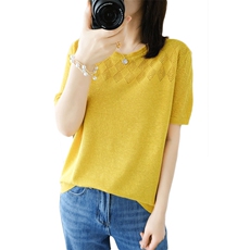 宽松显瘦纯棉短袖T恤女2021夏季新款镂空透气大码半袖打底针织衫，女装T恤，斯尔特羊绒