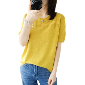 宽松显瘦纯棉短袖T恤女2021夏季新款镂空透气大码半袖打底针织衫图片