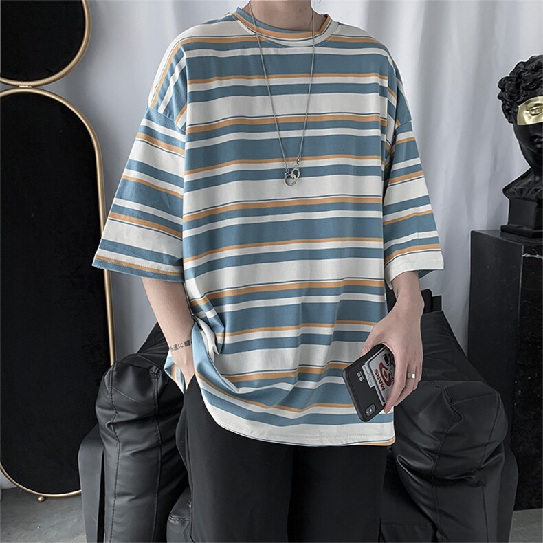 2021五分袖宽松潮流潮牌短袖男5分潮男半袖网红条纹t恤T080-P20，男装T恤，星座512-2