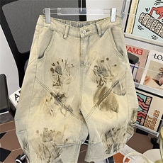 小众街头做旧擦色脏染压褶弯刀牛仔短裤美式复古阔腿七分中裤D288，男装牛仔裤，星座601-1