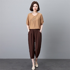 时尚优雅女装套装气质V领短袖上衣搭配宽松阔腿裤舒适百搭两件套，女装套装/套裙，叶笙衣