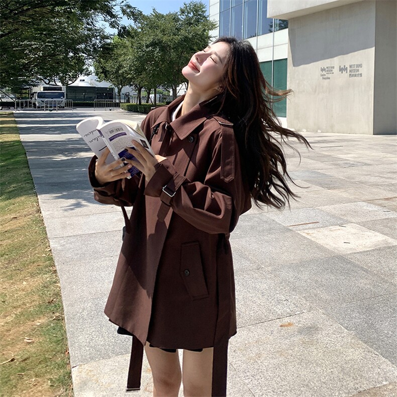 红棕色风衣外套女2025春秋新款宽松百搭设计感英伦风中长款大衣潮,女装风衣,2C205