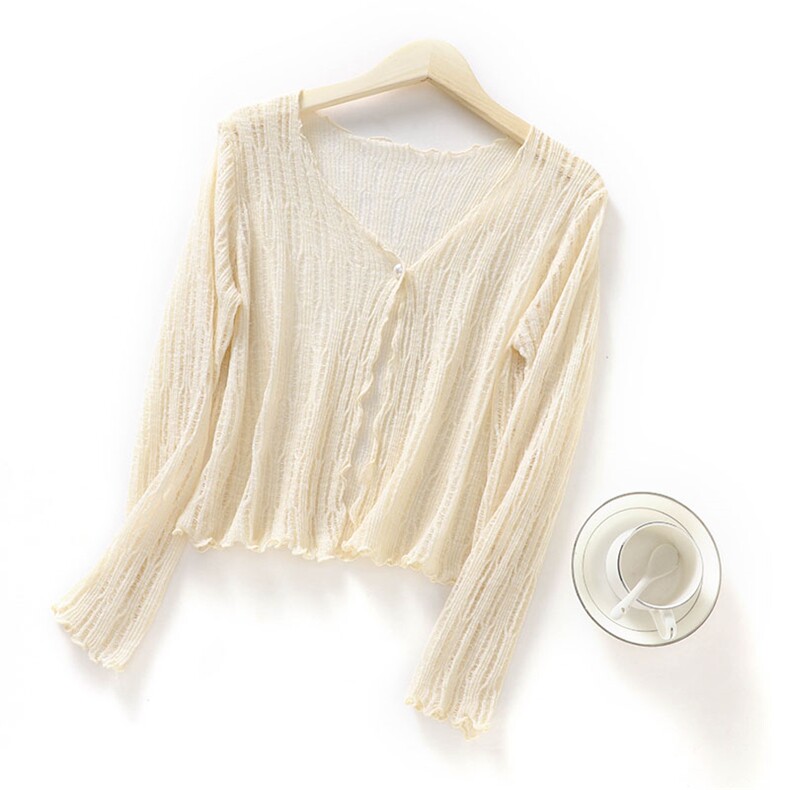 夏季一粒扣时尚修身显瘦百搭长袖防晒开衫，女装蕾丝衫/雪纺衫，北娇羊绒