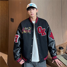 JK5872-P85美式拼接刺绣PU皮撞色棒球服飞行员夹克外套控149，男装夹克，星座109