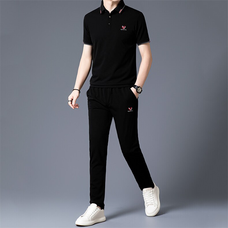 HP5092夏季新款男士休闲套装刺绣男装百搭二件套翻领,男装休闲套装,电商B360