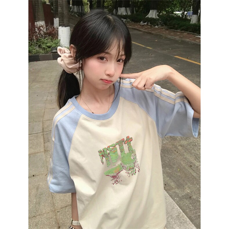 抖音得物品质二开240克宽松纯棉美式潮牌插肩三杠织带短袖T恤,男装T恤,电商A486