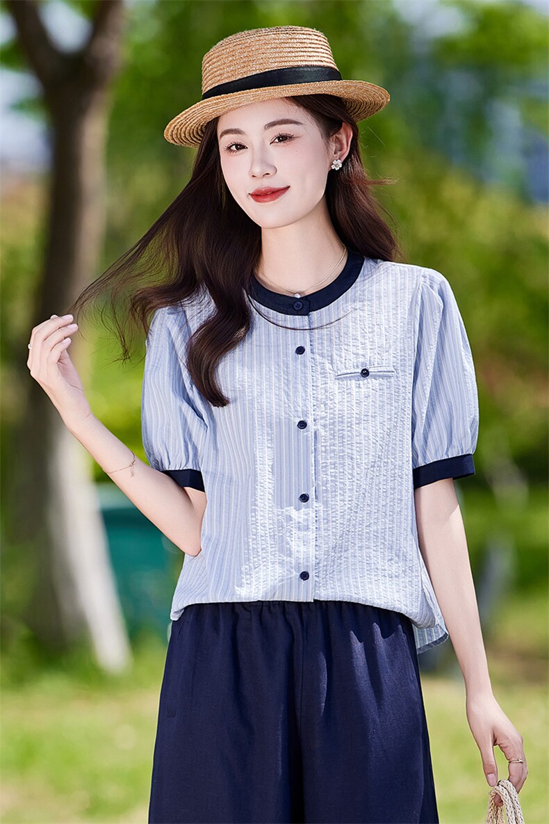 棉麻女夏季2025新款大方得体穿搭一整套短袖衬衫休闲裤,女装衬衫,靓衣阁