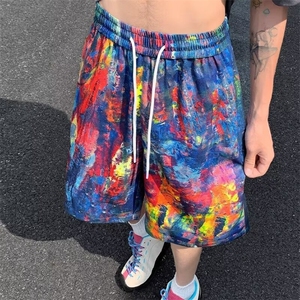 油画彩虹涂鸦冰丝短裤男夏季痞帅嘻哈速干沙滩裤子美式运动五分裤图片