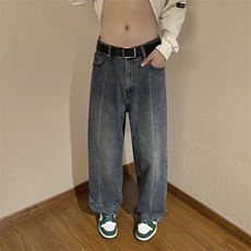 新款港风牛仔裤男宽松日系复古男裤子垂感个性潮流男裤N0604-P43，男装牛仔裤，星座308B-1