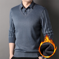 F81166加绒加厚品质精品商务休闲秋冬季厚款加绒中年男士假两件，男装针织衫/毛衣，钱塘207-1