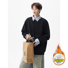 重磅加绒硬挺boxy男女美式高街假两件衬衫领长袖卫衣POLO领打底衫，男装T恤，电商A486