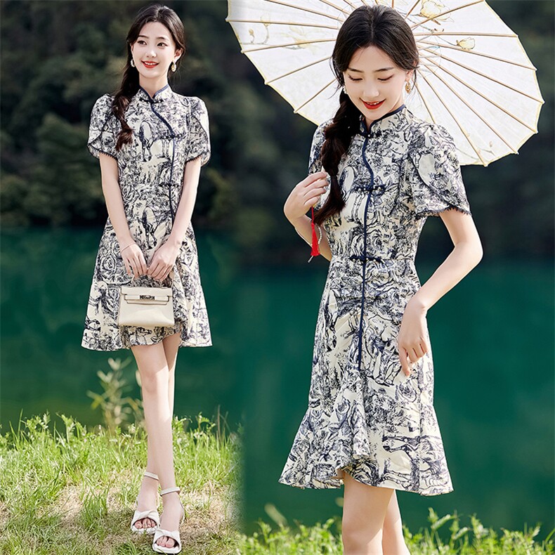 《48H发》淑女范旗袍双绉剪花连衣裙图片