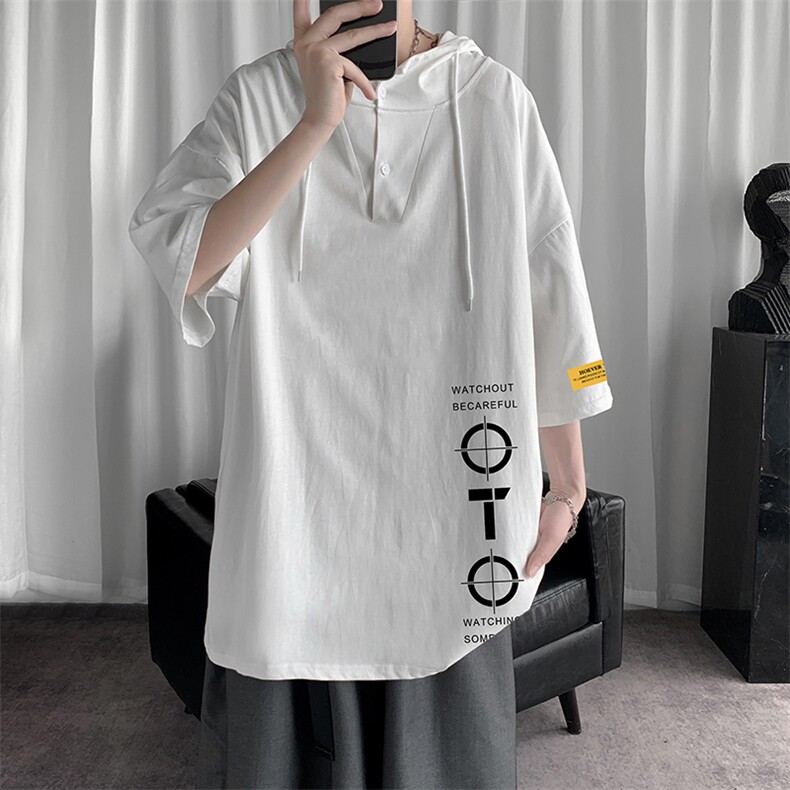 LD54114-P45 连帽短袖t恤男大码胖子带帽五分袖中袖图片