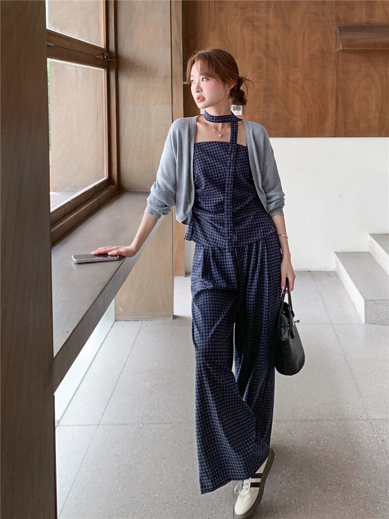 洋气时髦设计感复古格纹套装女2026春夏新款开衫吊带阔腿裤三件套,女装套装/套裙,艾米莉亚