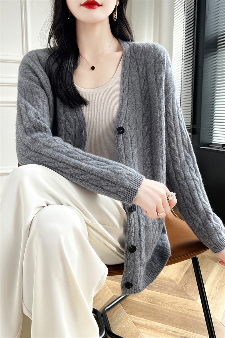 女开衫外套2024秋冬新款中长款宽松大口袋慵懒风百搭针织羊毛衫,女装羊毛衫,蒙特羊绒