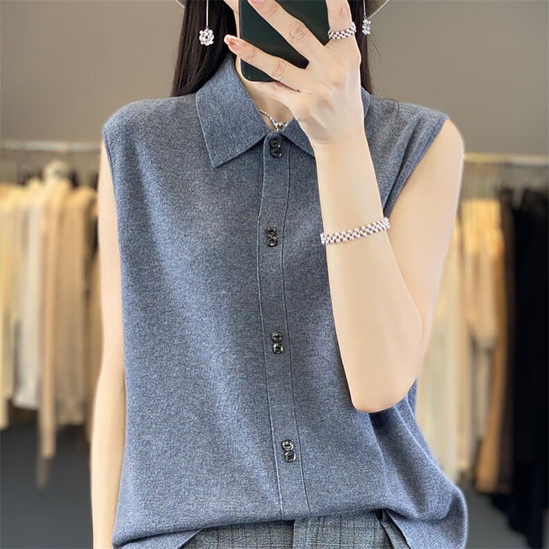 夏季薄款精纺细羊毛polo领针织背心女坎肩宽松显瘦韩版无袖打底衫,女装背心吊带,朝贺羊绒