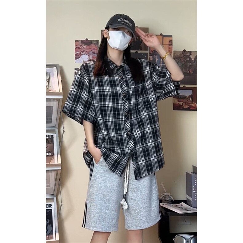 韩版潮流复古格子大码翻领短袖衬衫内搭外套DC2219-P24【特价】,男装T恤,电商A007