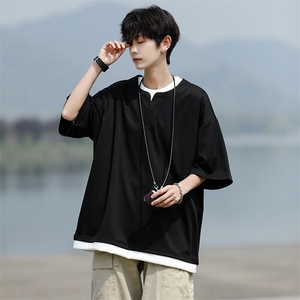 8XL-M重磅斜纹假两件短袖t恤男夏季薄款宽松大码半袖体恤DT006P45图片