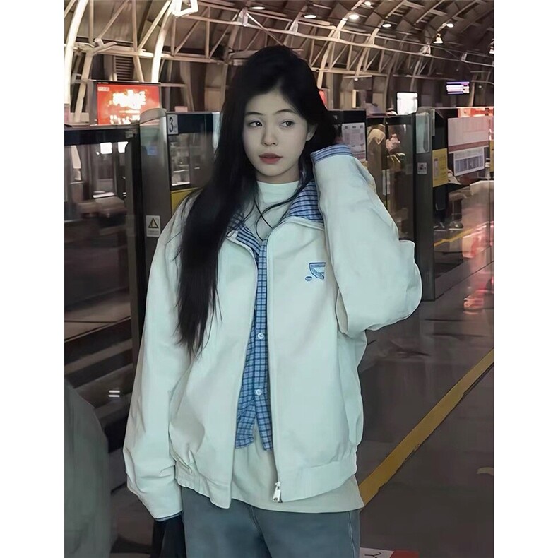 美式复古假两件格子拼接皮衣夹克男女2025春秋冬新款宽松休闲外套,男装皮衣,星座506A