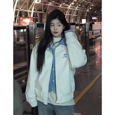 美式复古假两件格子拼接皮衣夹克男女2025春秋冬新款宽松休闲外套，男装皮衣，星座506A