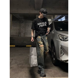 DK62-P55美式破洞牛仔裤男夏季薄款宽松拖地长裤子男-网图现货图片