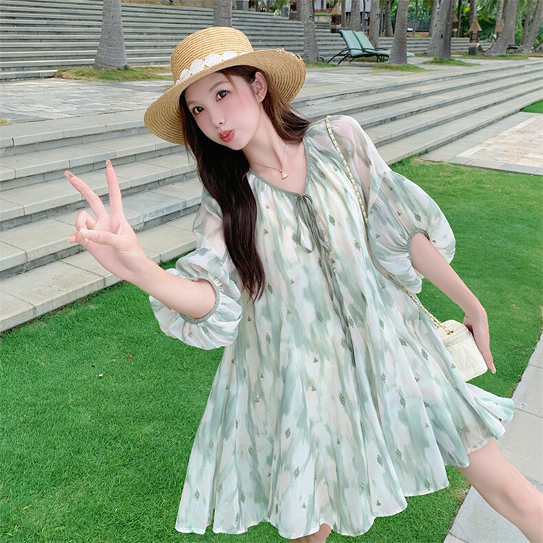 小个子森系绿色连衣裙女夏季2025新款海边度假风超好看甜美初恋裙,女装连衣裙,2C058