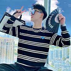 AW07/P78控108秋季社会小伙新款百搭条纹刺绣圆领长袖卫衣男黑首，男装卫衣，星座305B-1