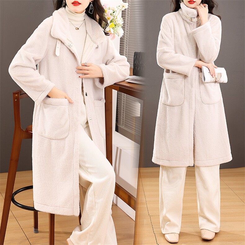 现货皮毛一体大衣女冬季韩版水貂绒中长款过膝立领毛毛绒皮草外套，女装羊羔毛/颗粒绒，仟媚宠