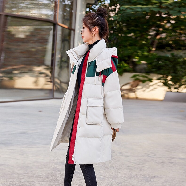 羽绒棉服女中长款撞色拼接韩版宽松显瘦休闲连帽加厚保暖棉衣外套,女装棉衣/棉服,雅佳俏