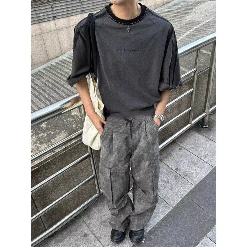 DP0361-P45夏季新款复简约潮流复古短袖t恤圆领宽松五分袖上衣,男装T恤,电商C233