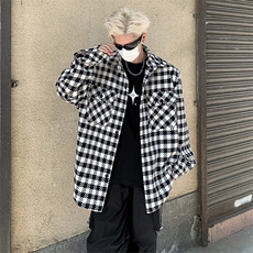 黑白格男女潮牌毛呢长袖衬衫翻领宽松呢子夹克外套-JK502特P68，男装夹克，电商B289
