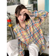 D643-P55夏季多巴胺彩色格子衬衫外套设计感小众情侣长袖上衣，男装衬衫，星座911